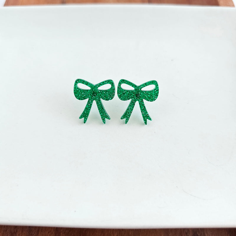 Bow Studs - Green Glitter