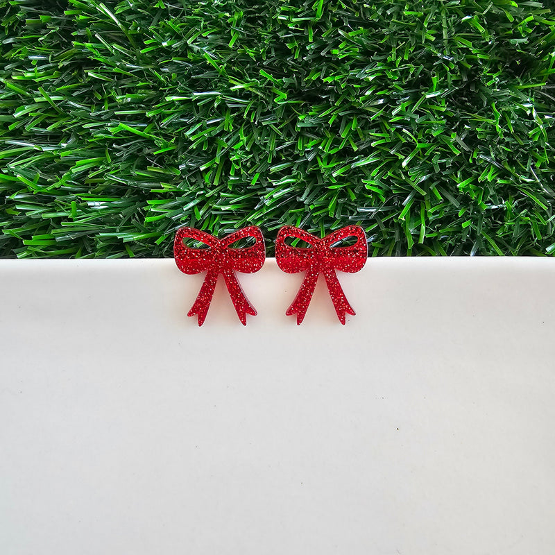 Bow Studs - Red Glitter