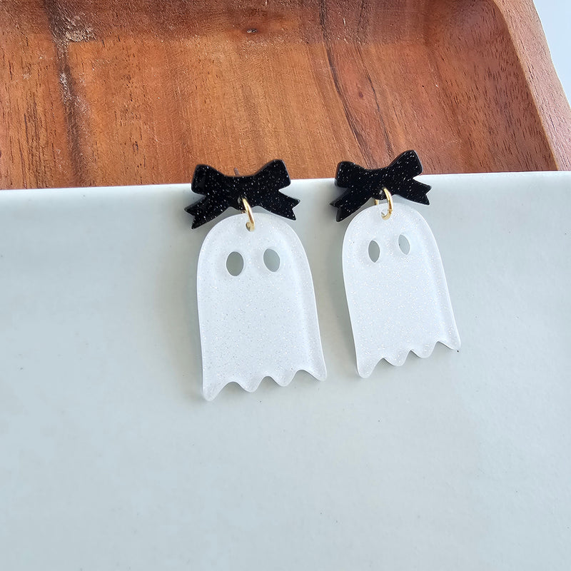 Bow Ghost Earrings - White Glitter