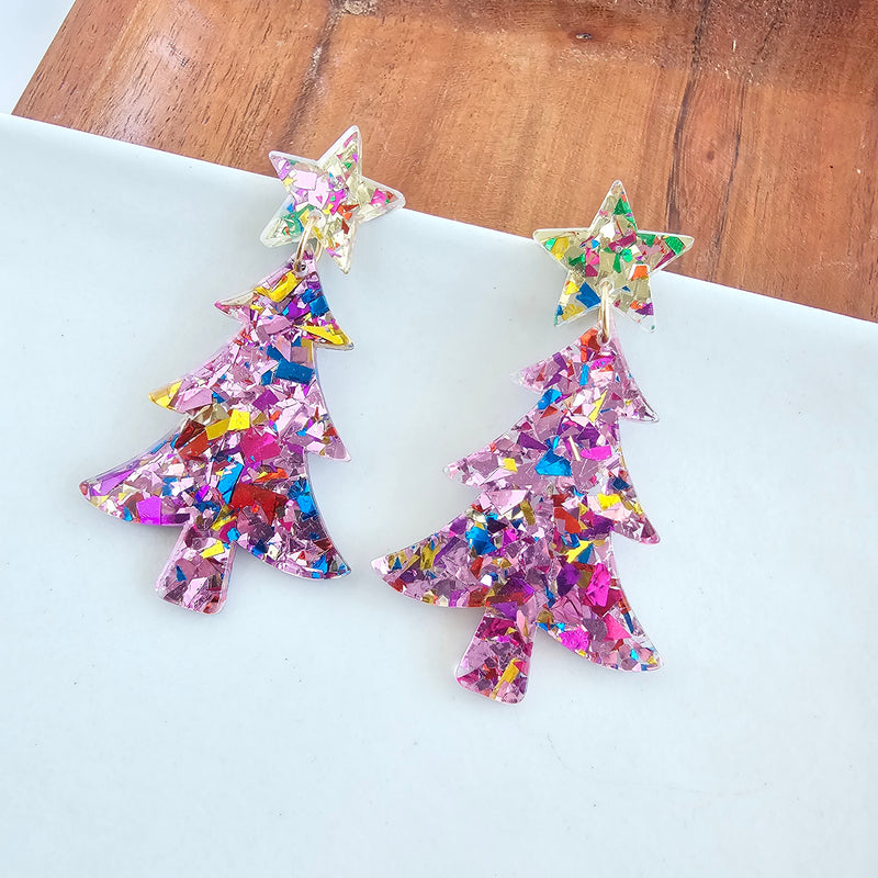 Christmas Tree Earrings - Light Pink Sparkle