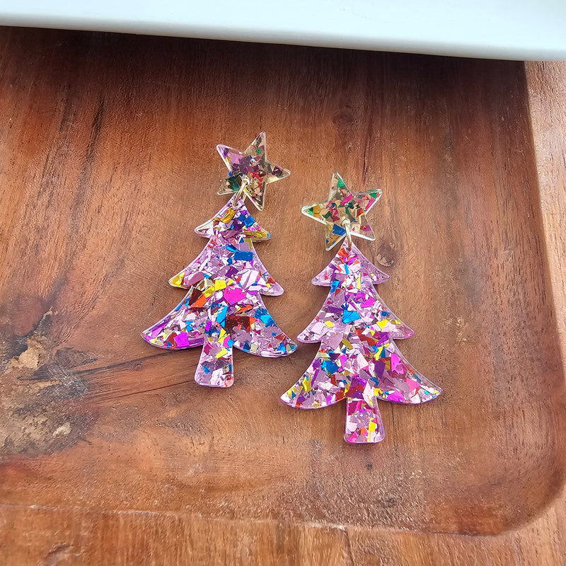 Christmas Tree Earrings - Light Pink Sparkle