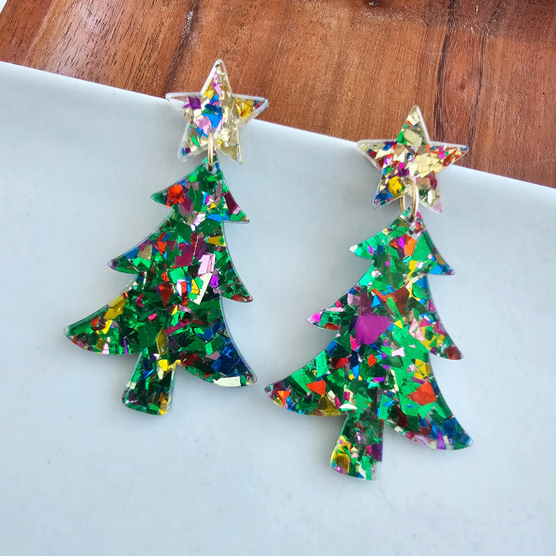 Christmas Tree Earrings - Green Sparkle