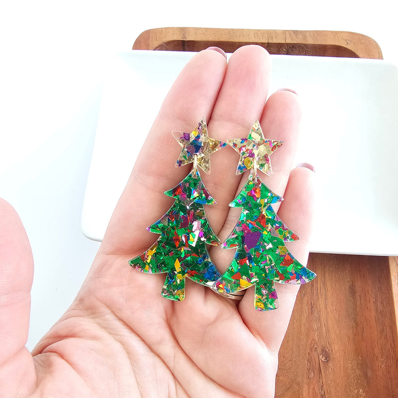 Christmas Tree Earrings - Green Sparkle