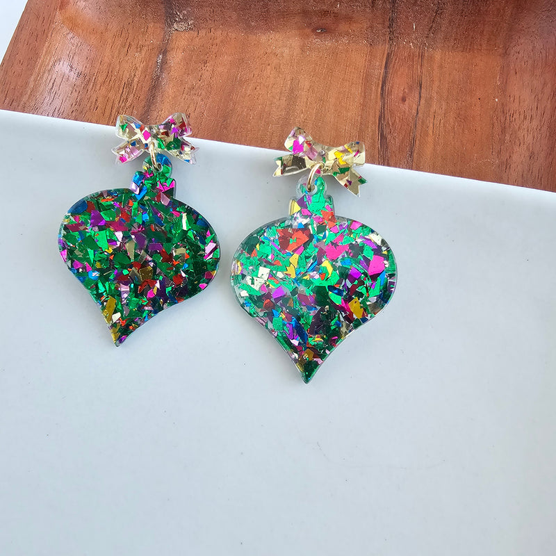 Christmas Ornament Earrings - Green Sparkle