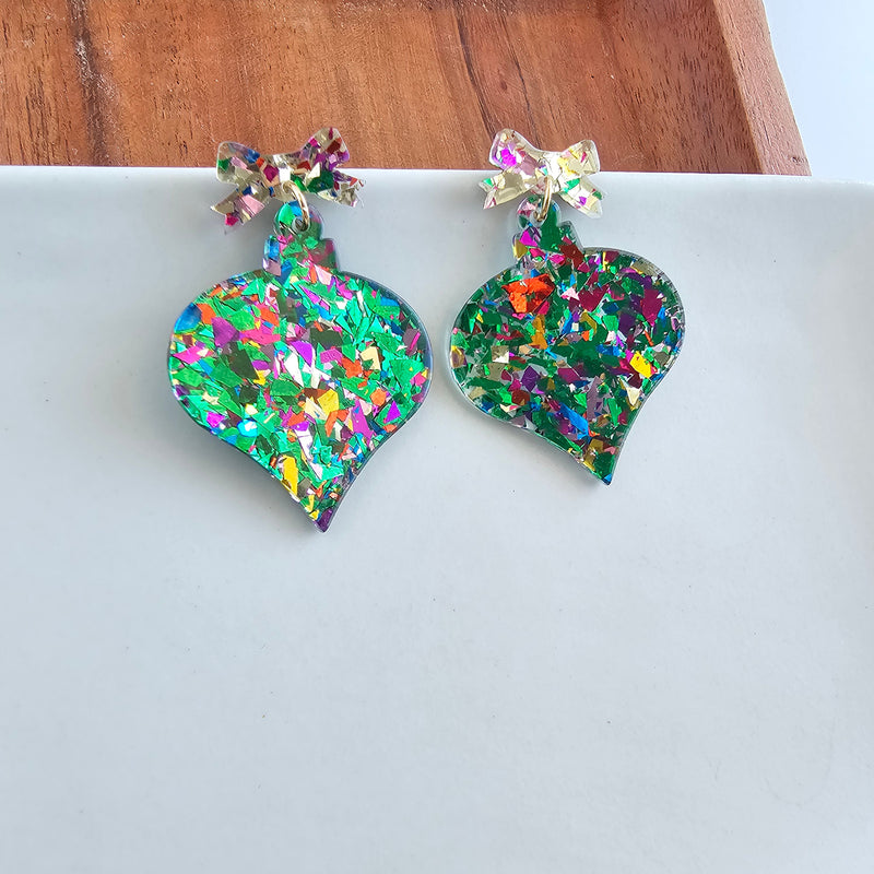 Christmas Ornament Earrings - Green Sparkle