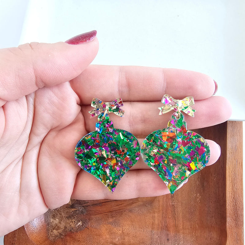 Christmas Ornament Earrings - Green Sparkle