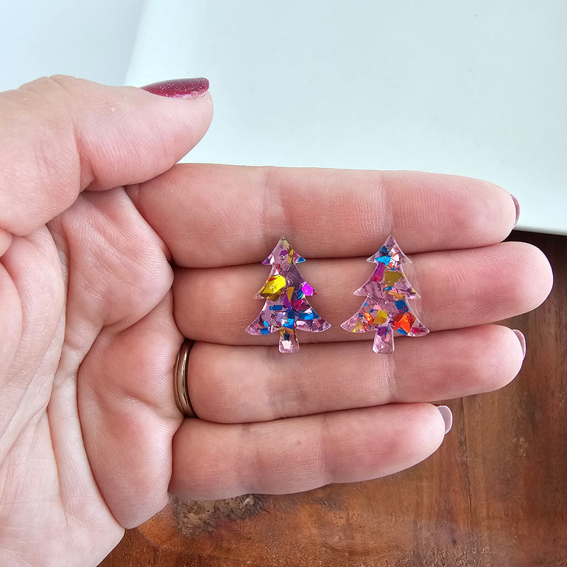 Christmas Tree Studs - Light Pink Sparkle