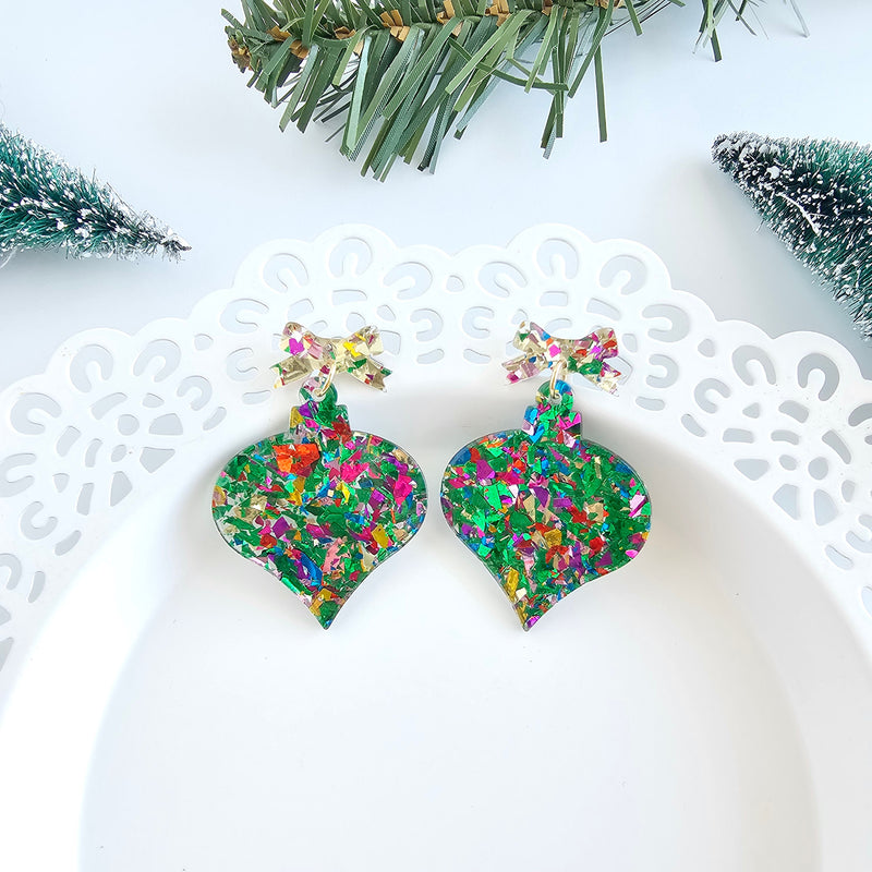 Christmas Ornament Earrings - Green Sparkle