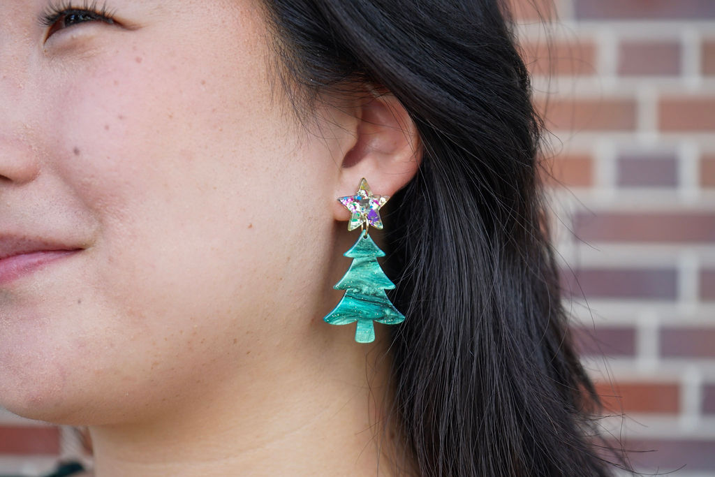 Star Christmas Tree Earrings - Green Shimmer