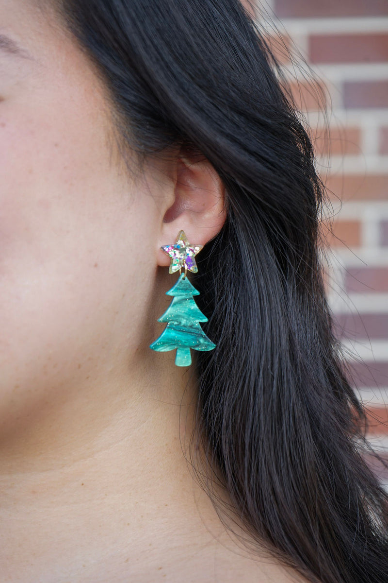 Star Christmas Tree Earrings - Green Shimmer