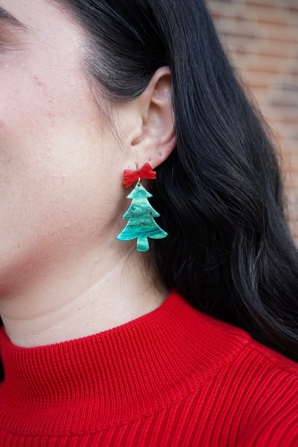 Bow Christmas Tree Earrings - Green Shimmer