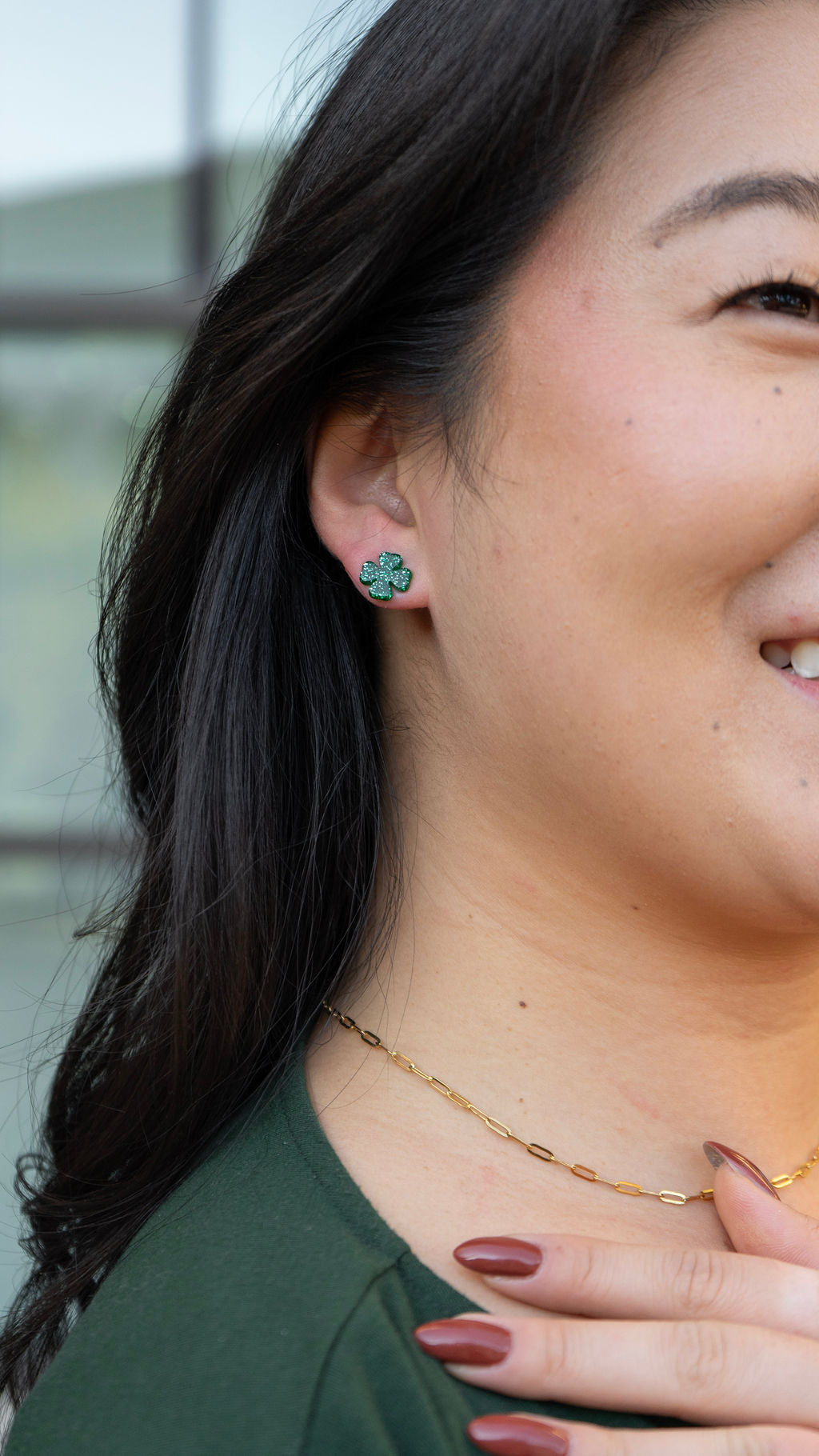 Clover Studs - Green Glitter