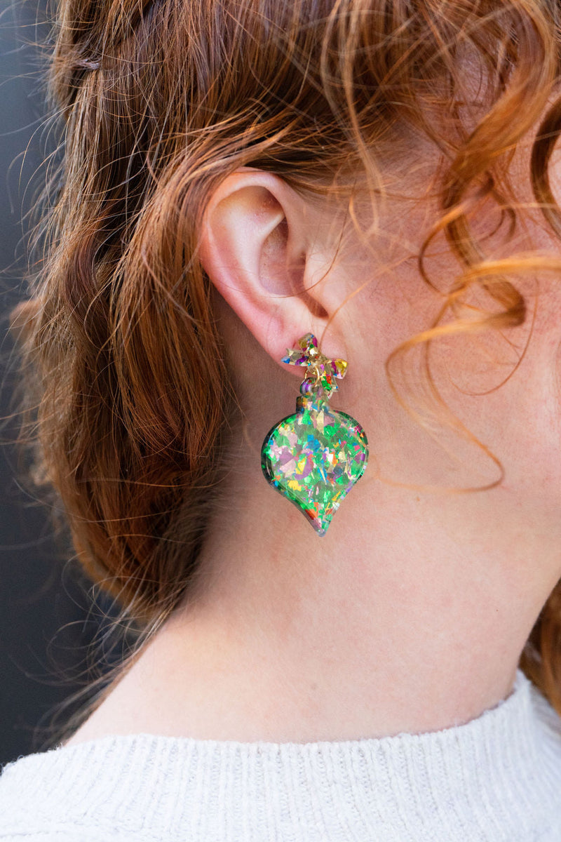 Christmas Ornament Earrings - Green Sparkle