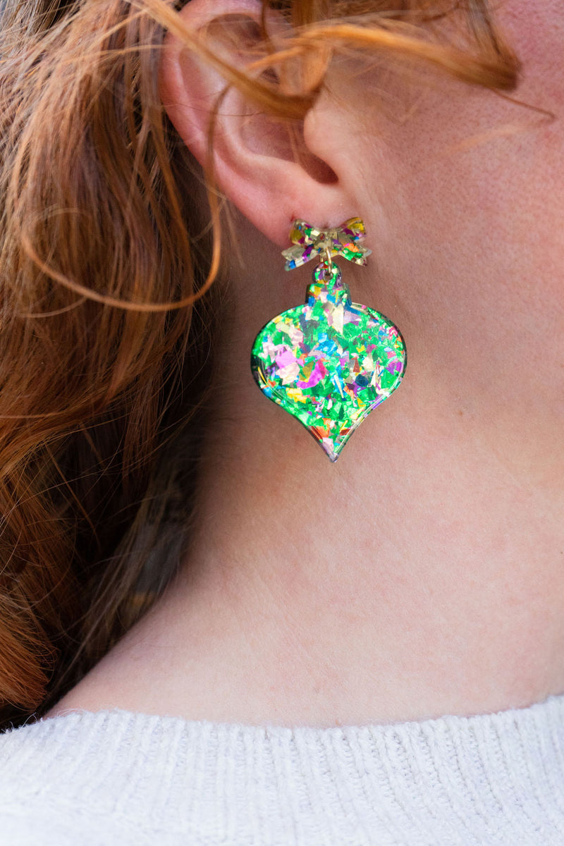 Christmas Ornament Earrings - Green Sparkle