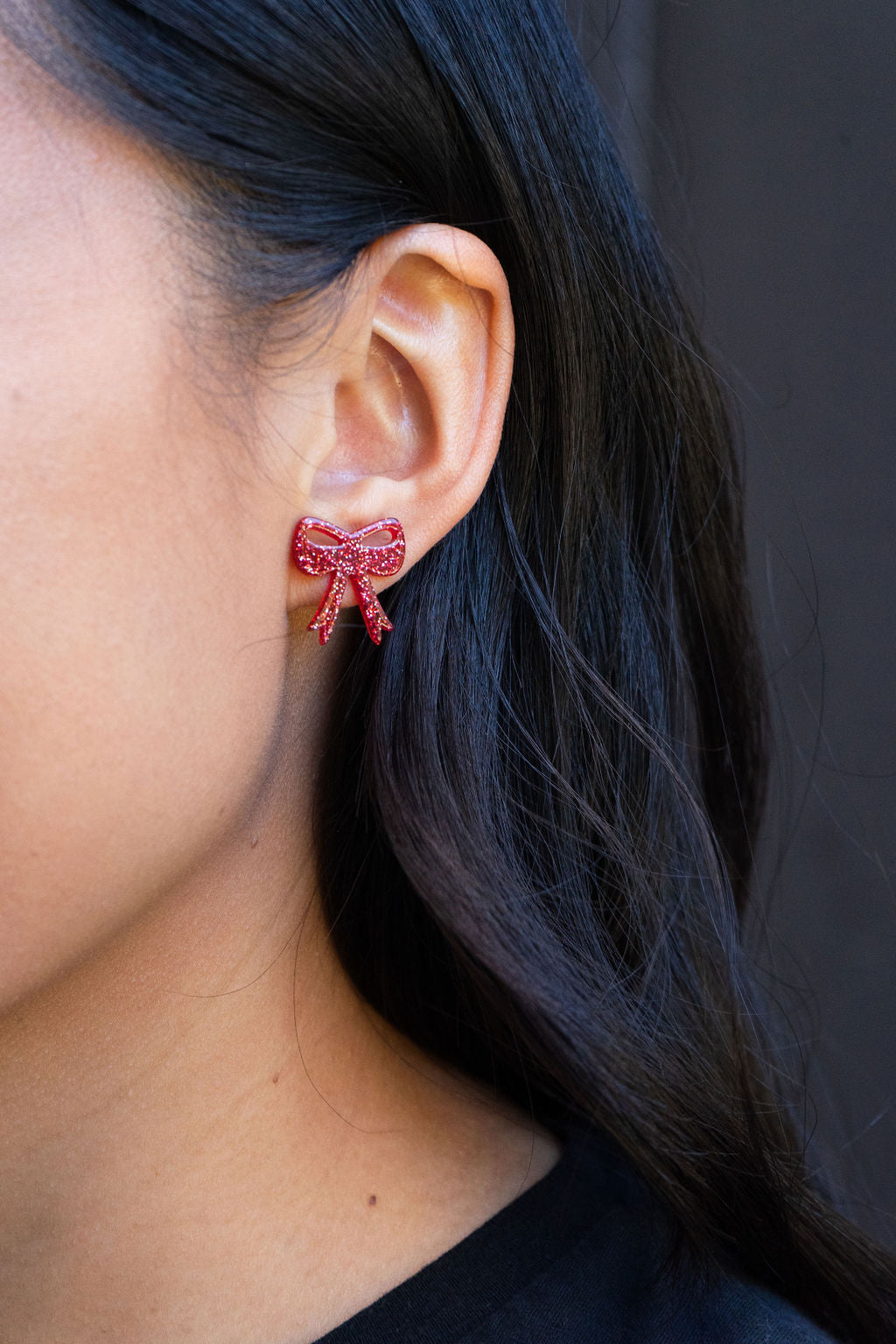 Bow Studs - Red Glitter