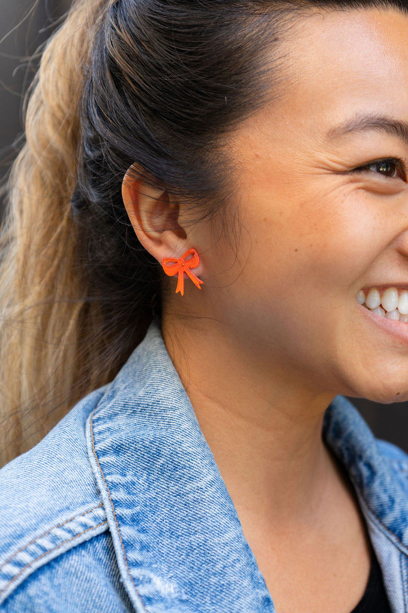 Bow Studs - Orange Glitter