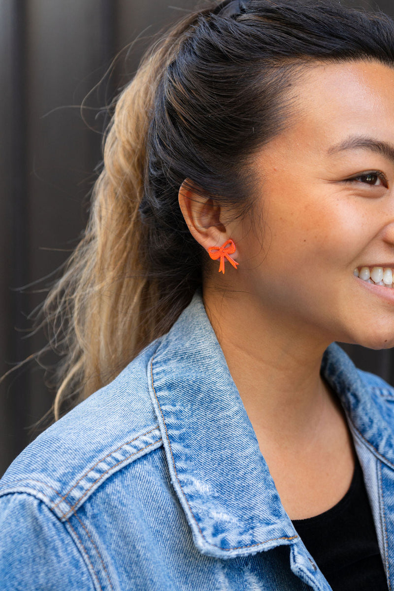 Bow Studs - Orange Glitter