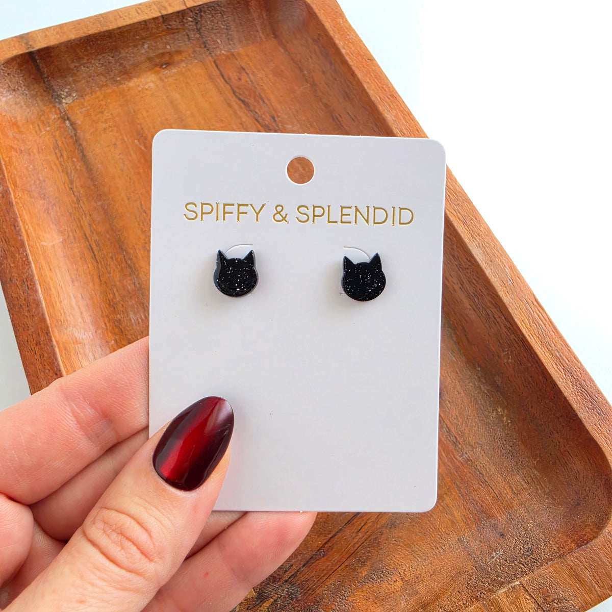 Dainty Cat Studs - Black Glitter