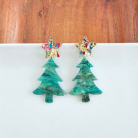 Star Christmas Tree Earrings - Green Shimmer