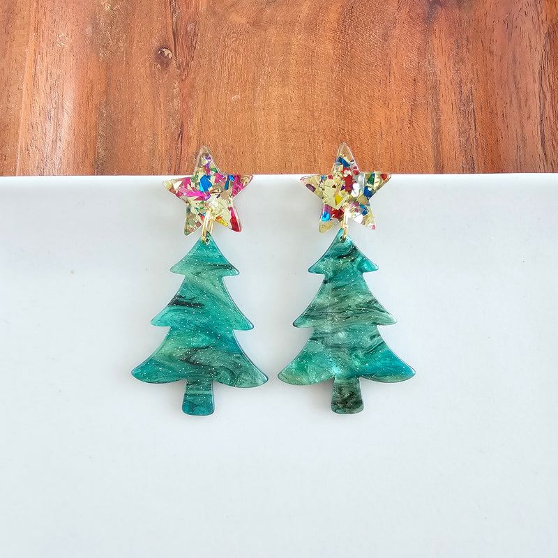 Star Christmas Tree Earrings - Green Shimmer