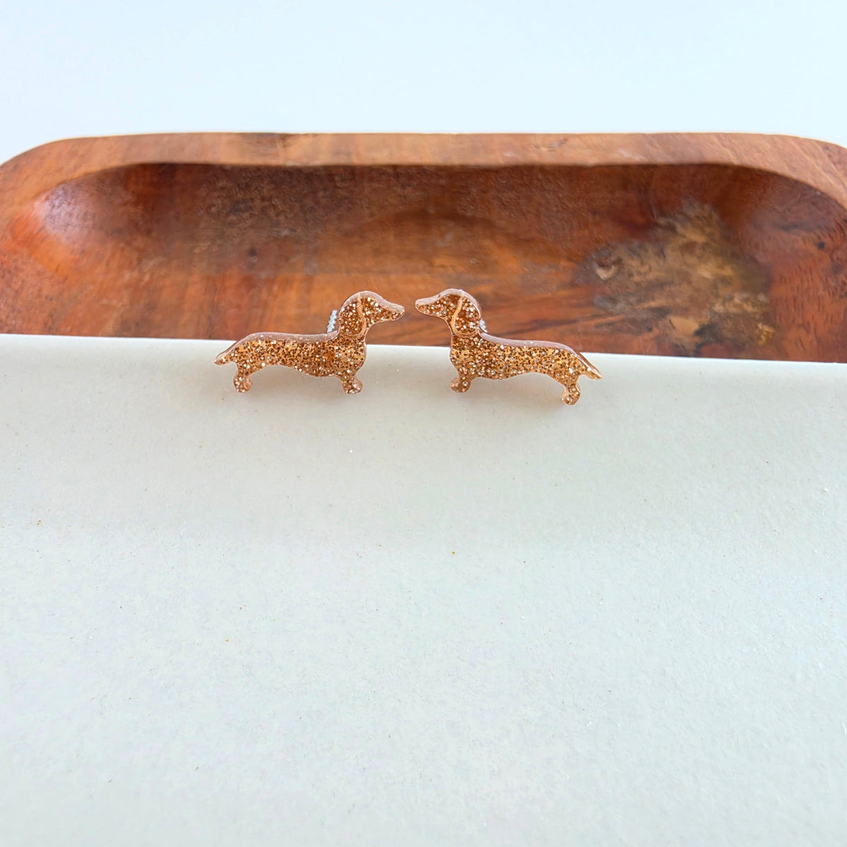 Dainty Dachshund Studs - Brown Glitter