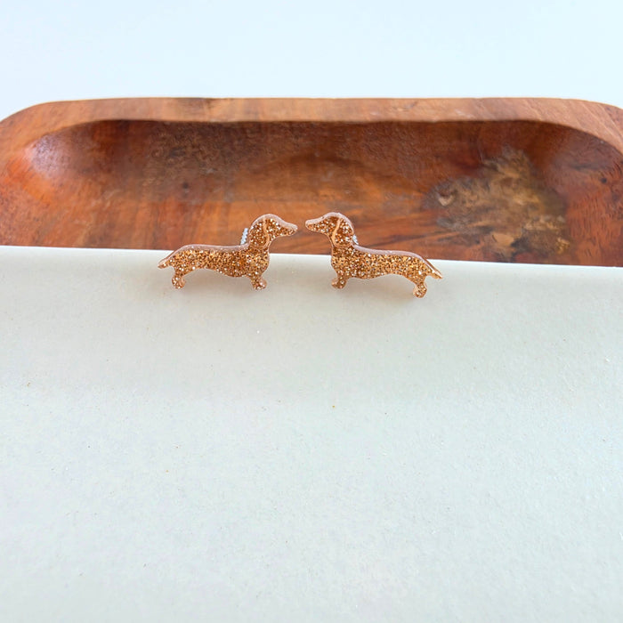Dainty Dachshund Studs - Brown Glitter