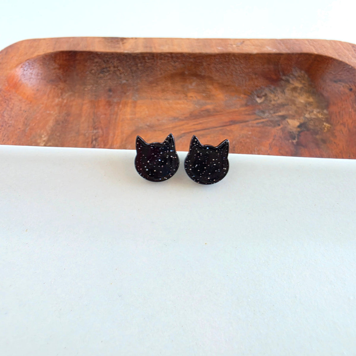 Dainty Cat Studs - Black Glitter