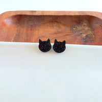 Dainty Cat Studs - Black Glitter