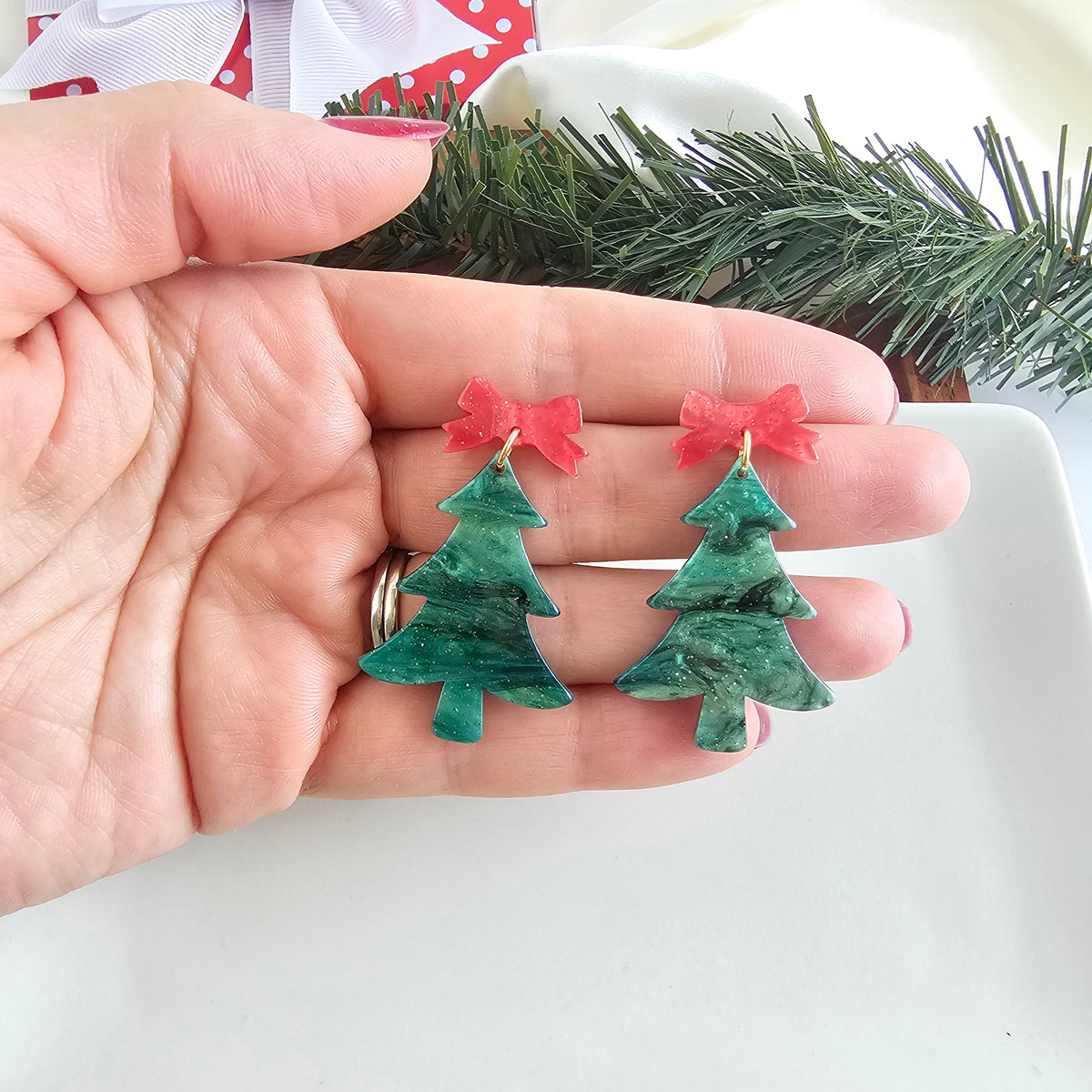 Bow Christmas Tree Earrings - Green Shimmer