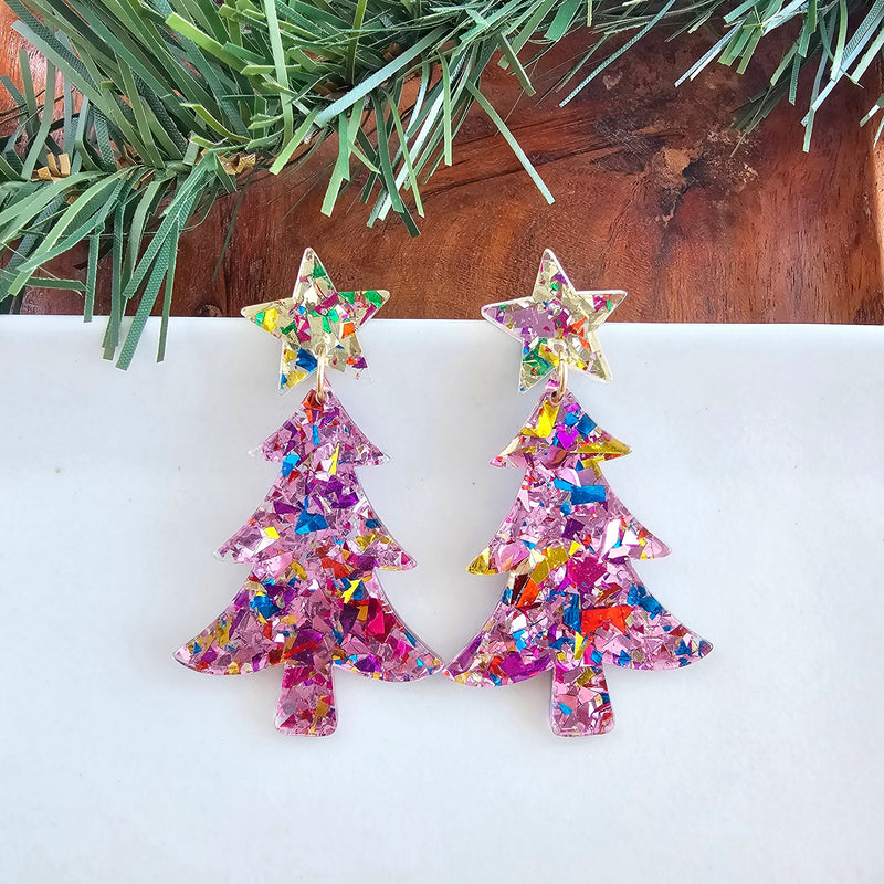 Christmas Tree Earrings - Light Pink Sparkle