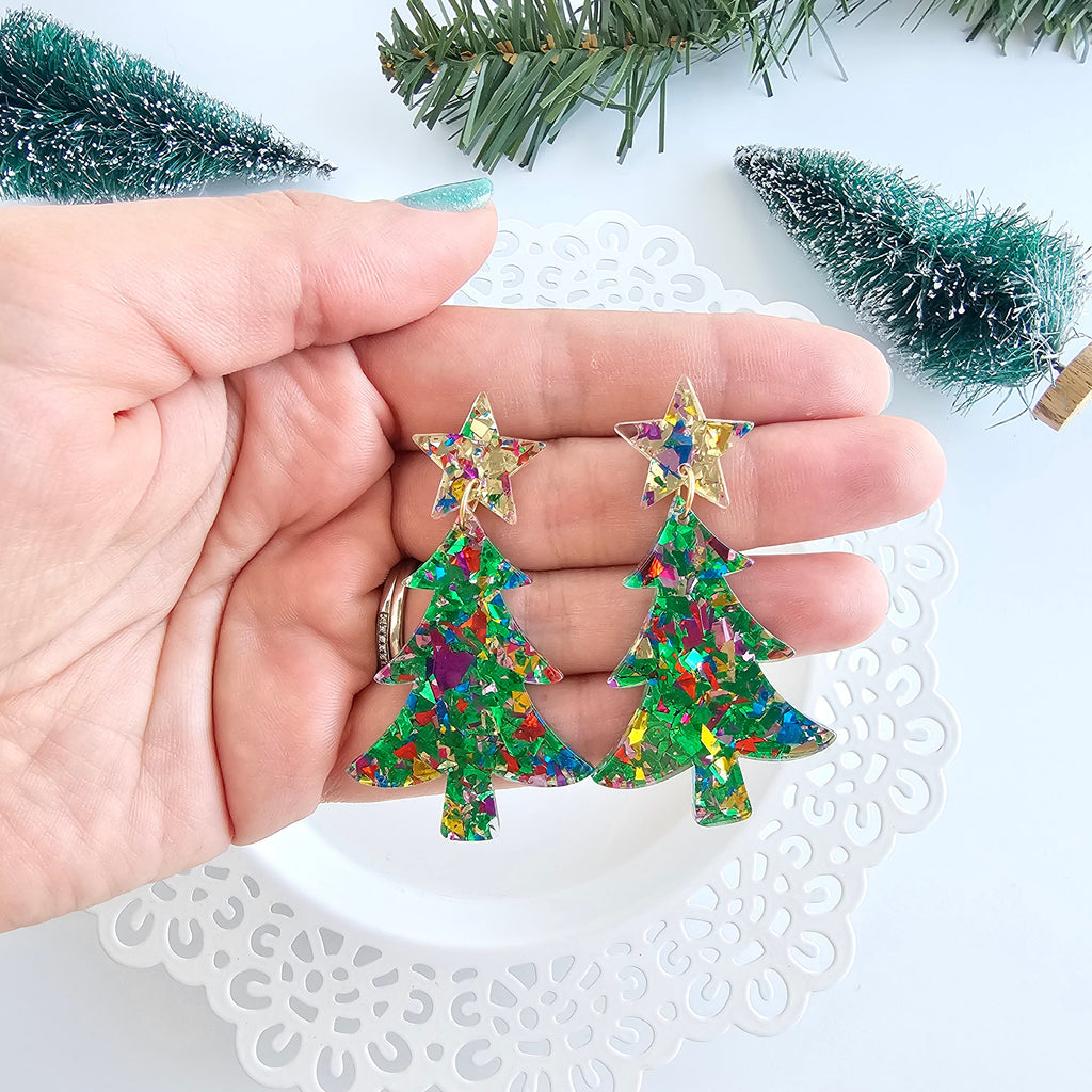 Christmas Tree Earrings - Green Sparkle