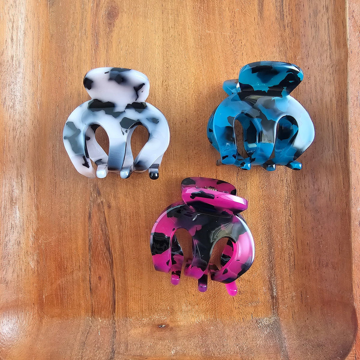Claire Hair Claw Trio - Blue Tortoise, Snow Tortoise, and Fuchsia Tortoise