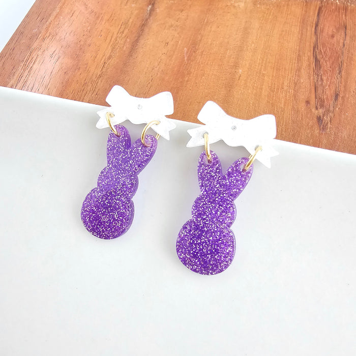 Bow Bunny Earrings - Purple Glitter
