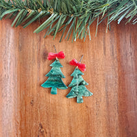 Bow Christmas Tree Earrings - Green Shimmer