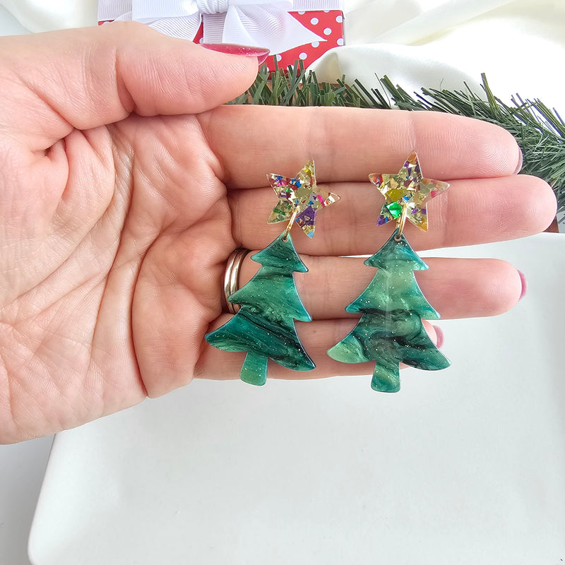 Star Christmas Tree Earrings - Green Shimmer