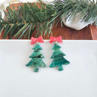 Bow Christmas Tree Earrings - Green Shimmer