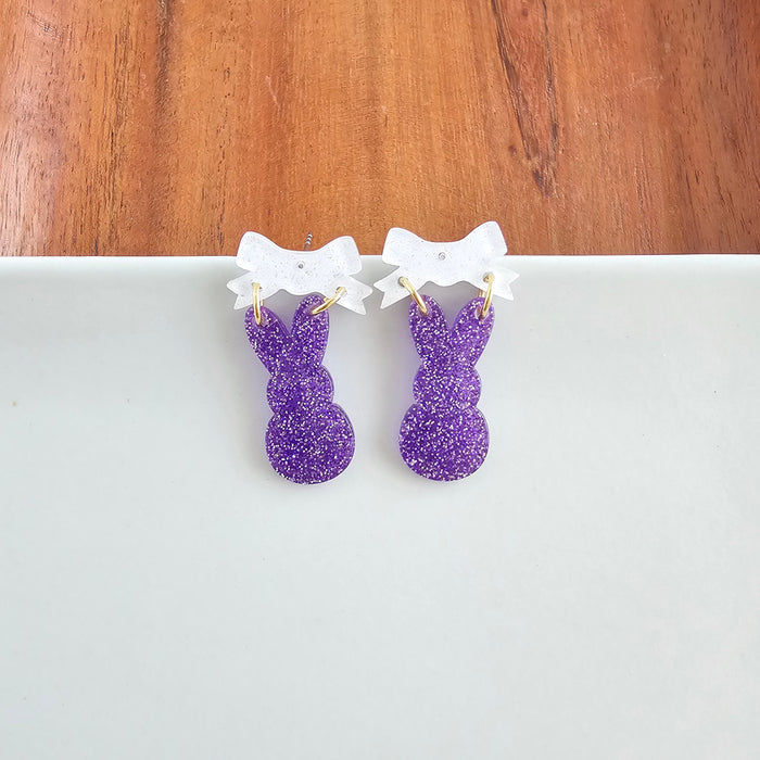 Bow Bunny Earrings - Purple Glitter