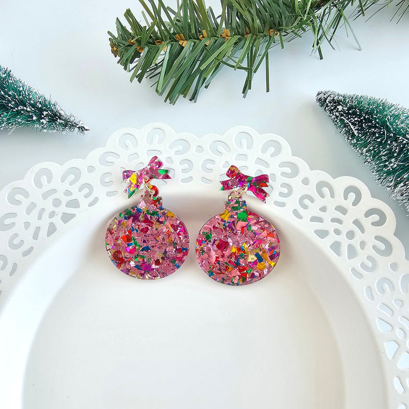 Christmas Ornament Earrings - Light Pink Sparkle