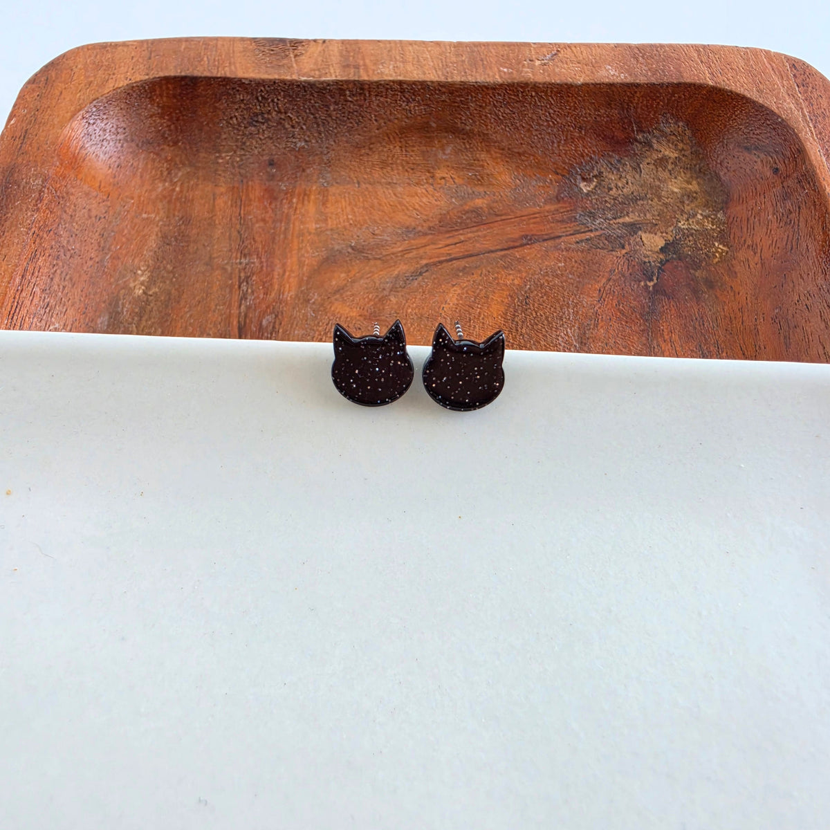 Dainty Cat Studs - Black Glitter