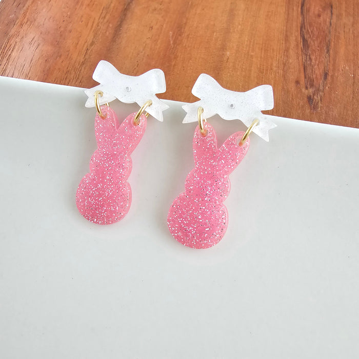 Bow Bunny Earrings - Pink Glitter