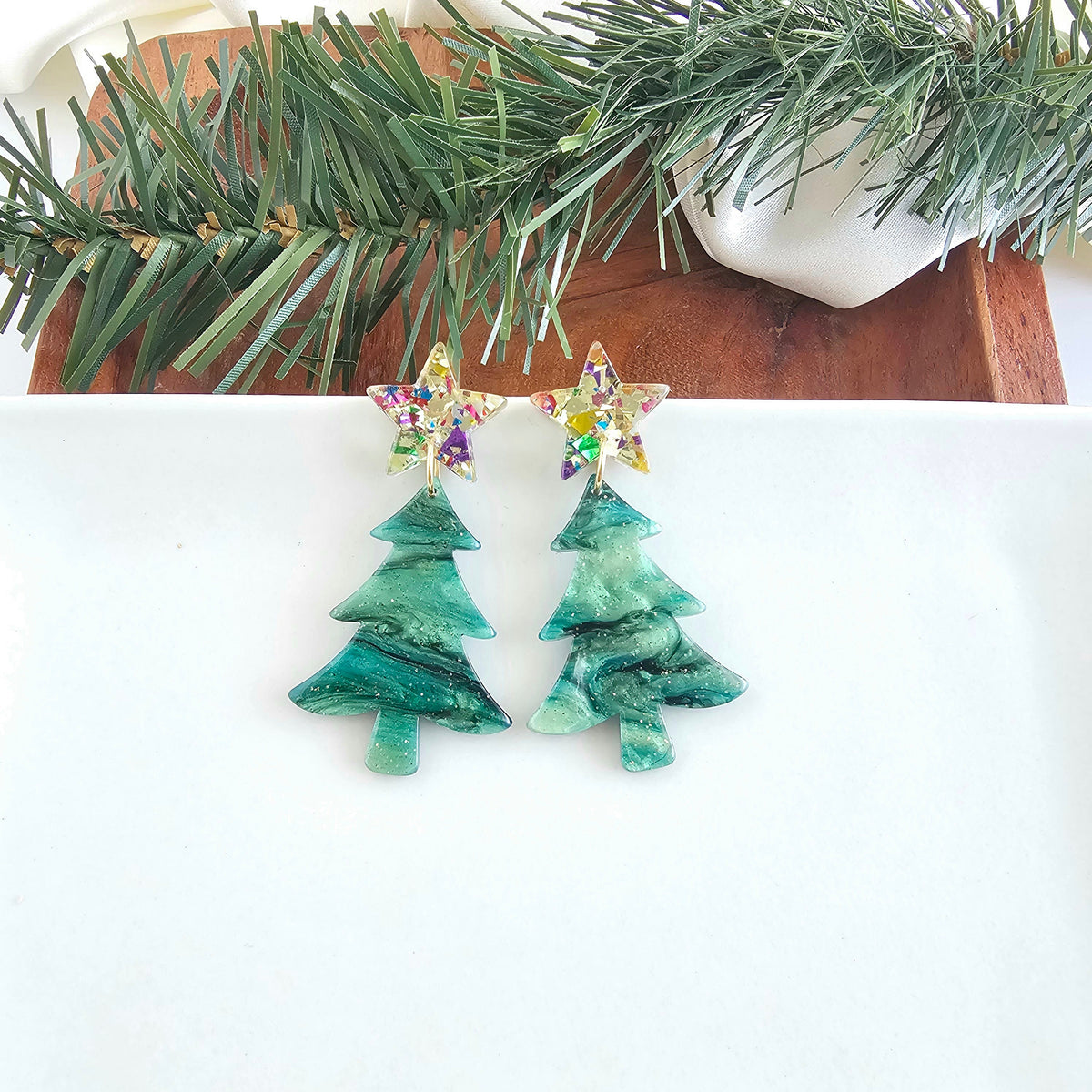 Star Christmas Tree Earrings - Green Shimmer