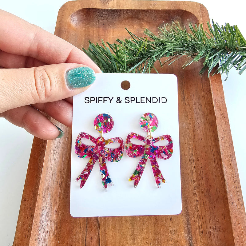 Bow Earrings - Pink Sparkle