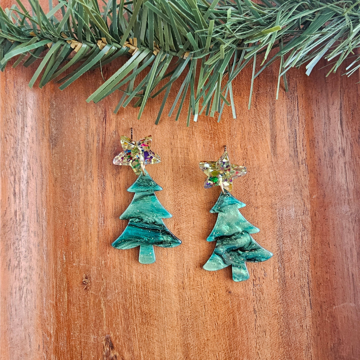 Star Christmas Tree Earrings - Green Shimmer