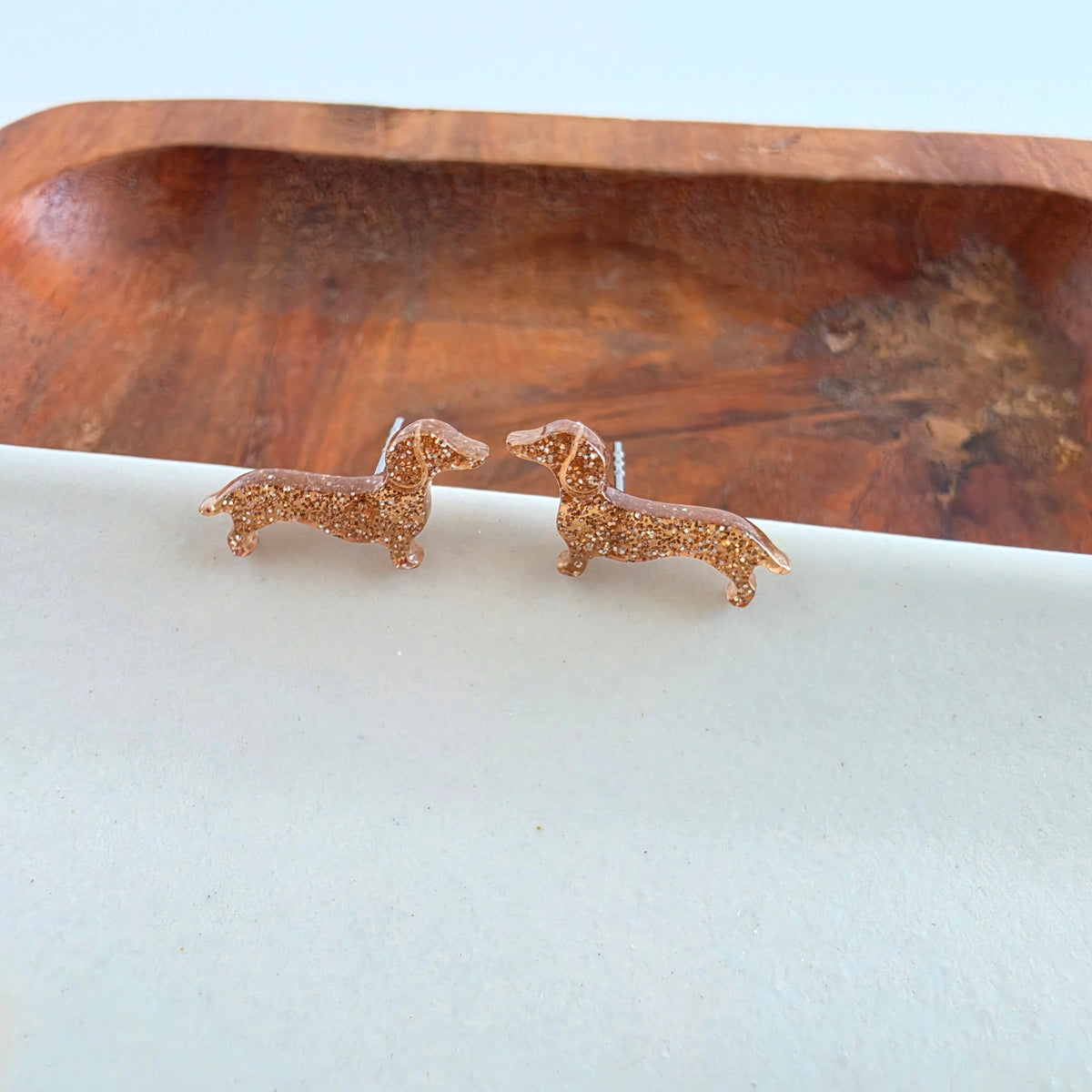 Dainty Dachshund Studs - Brown Glitter