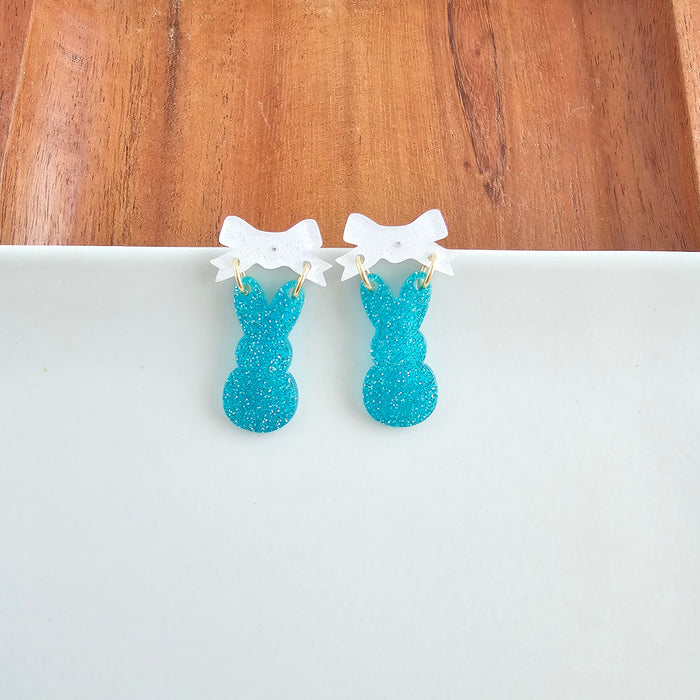 Bow Bunny Earrings - Blue Glitter