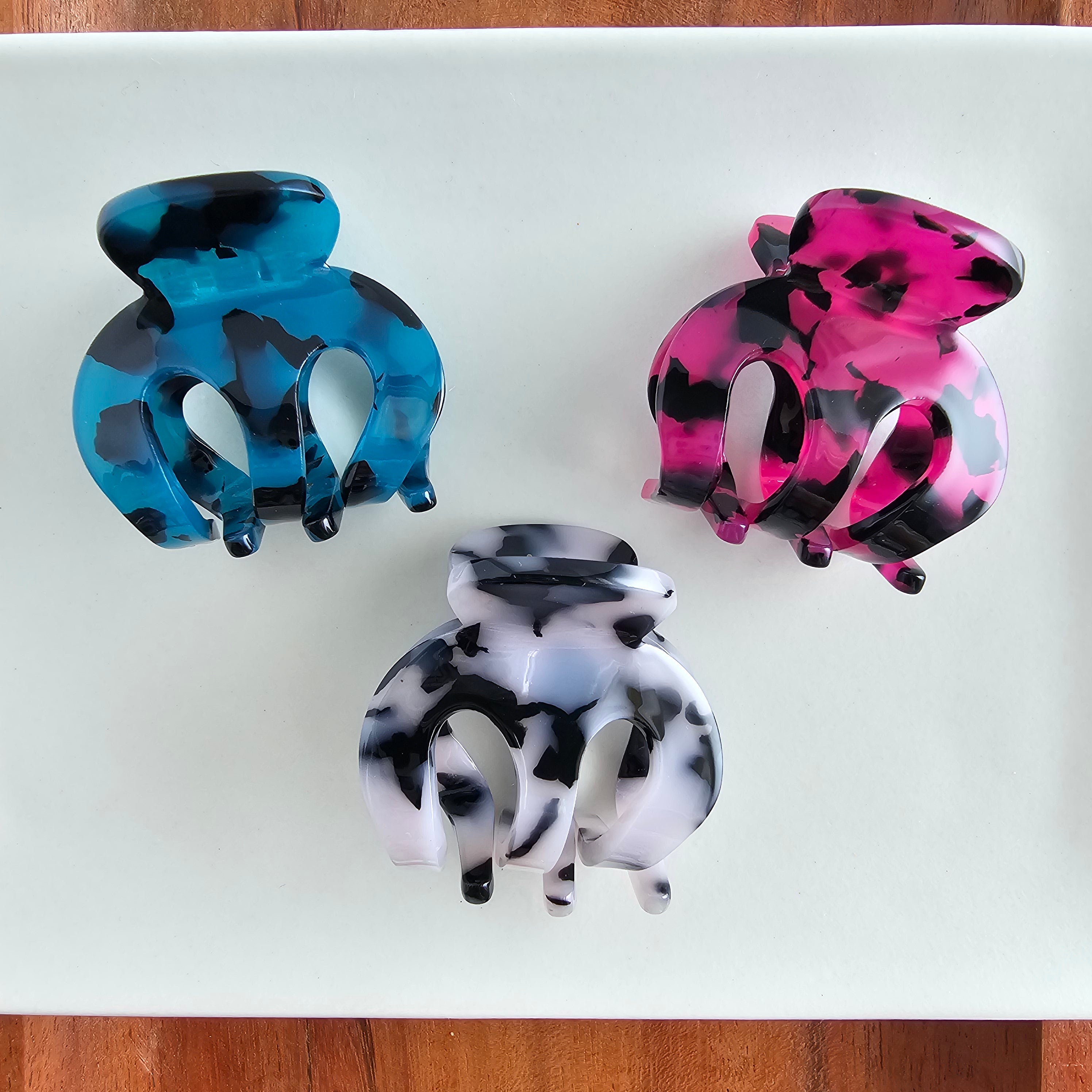 Claire Hair Claw Trio - Blue Tortoise, Snow Tortoise, and Fuchsia
