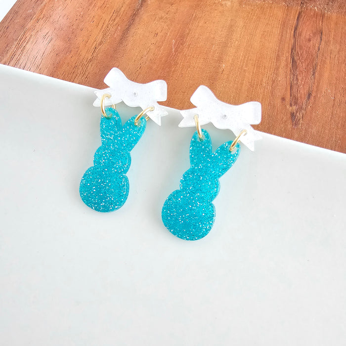 Bow Bunny Earrings - Blue Glitter